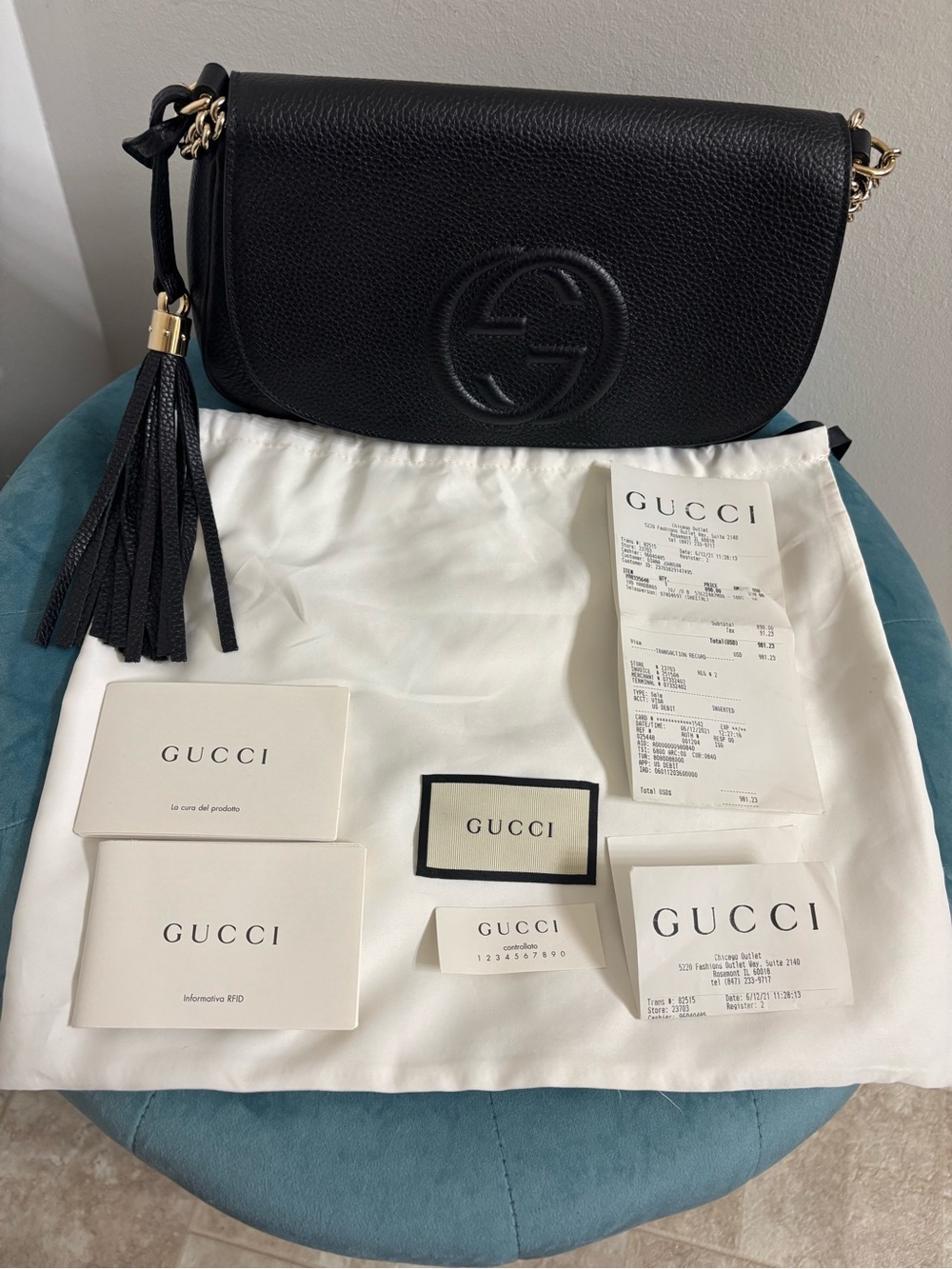 Gucci Black Pebbled Leather Crossbody with Tassel and Chain